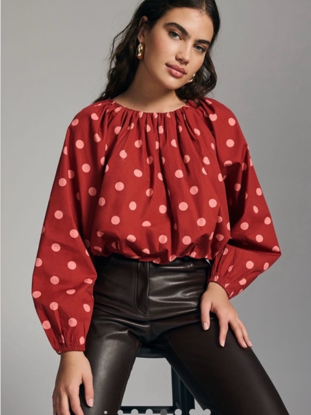 Maeve Red Blouse with Pink Polka Dots
